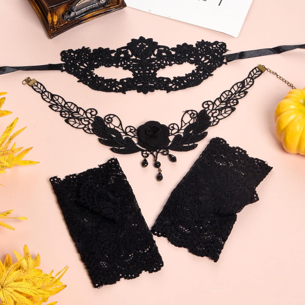 Topbuti Halloween Masquerade Costumes Set Black Lace Gloves Lace Mask Eyemask Choker Necklace for Halloween Dress Up Party