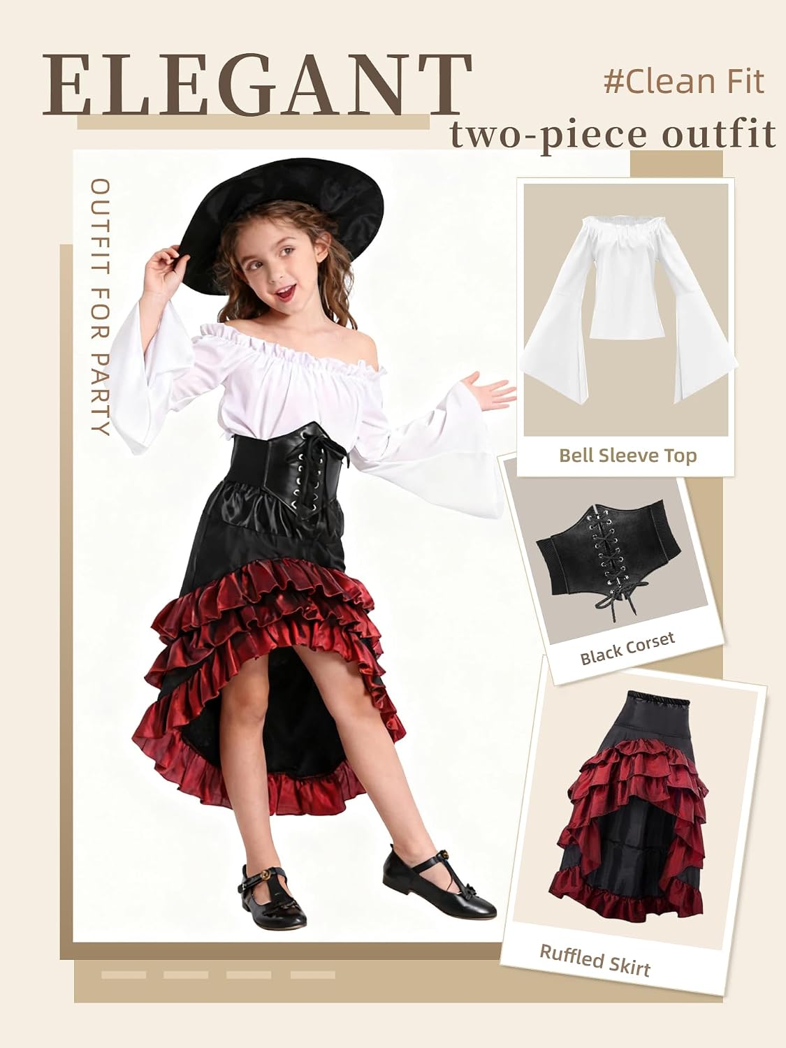 Verceco Kids Pirate Costumes Pirate Dress Up for Girl Fairy Medieval Renaissance Outfits for Girls Waist Belt & Headscarf