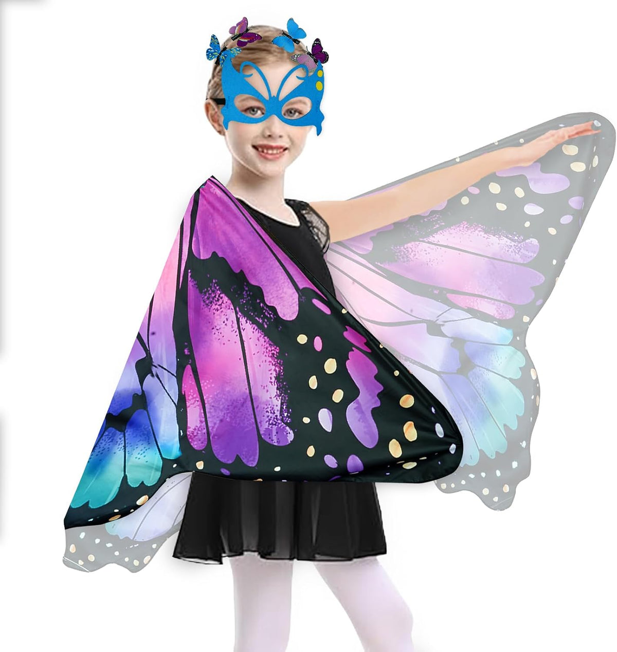 Sunlisky Kids Butterfly Costume for Girls Butterfly Wings Cape Set with Mask Hair Clips Halloween Cosplay Dress Up 4 to 9