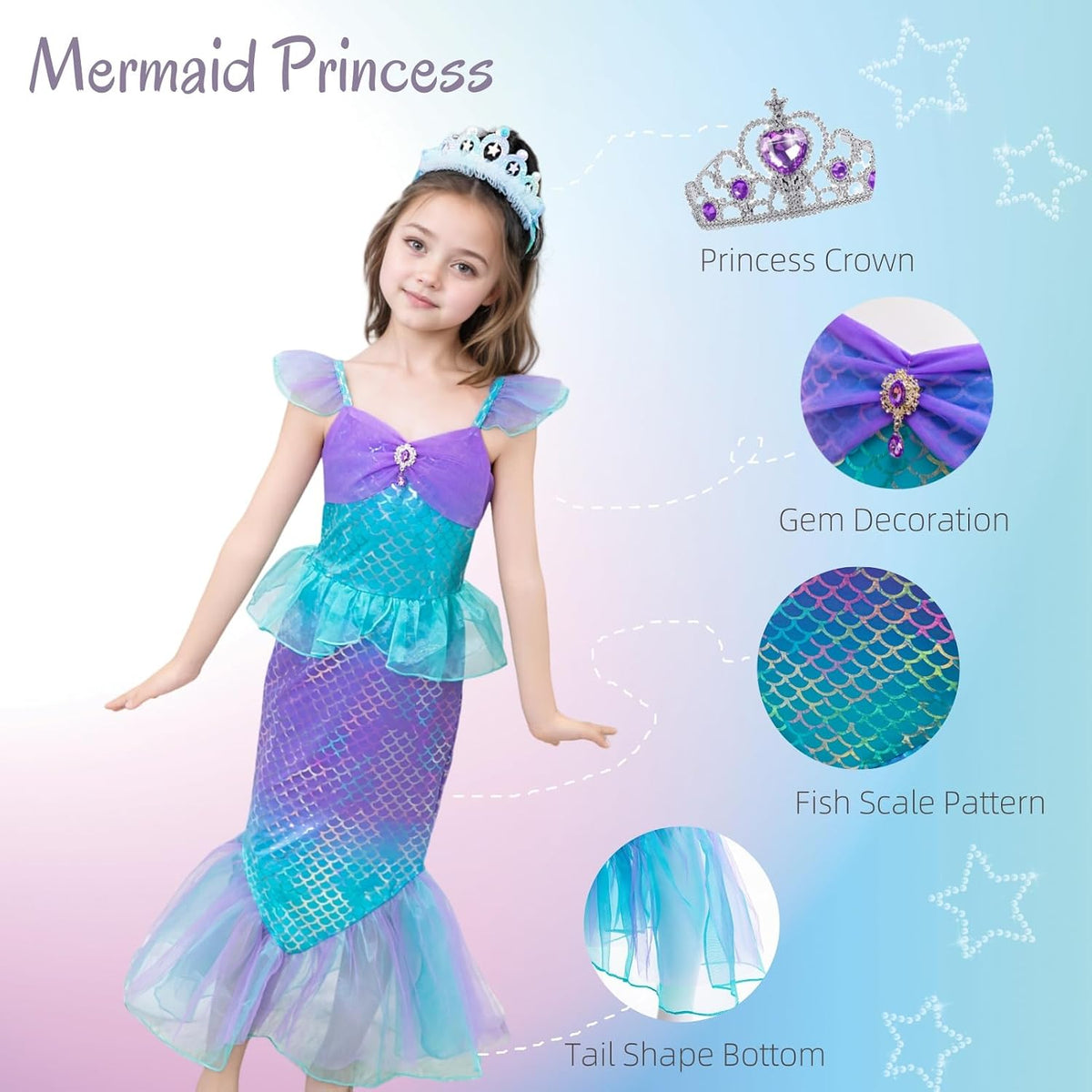 Mermaid Dress, Mermaid Tail Costume Little Girls Princess Dress up with Crown for Girl 3-8 Gift