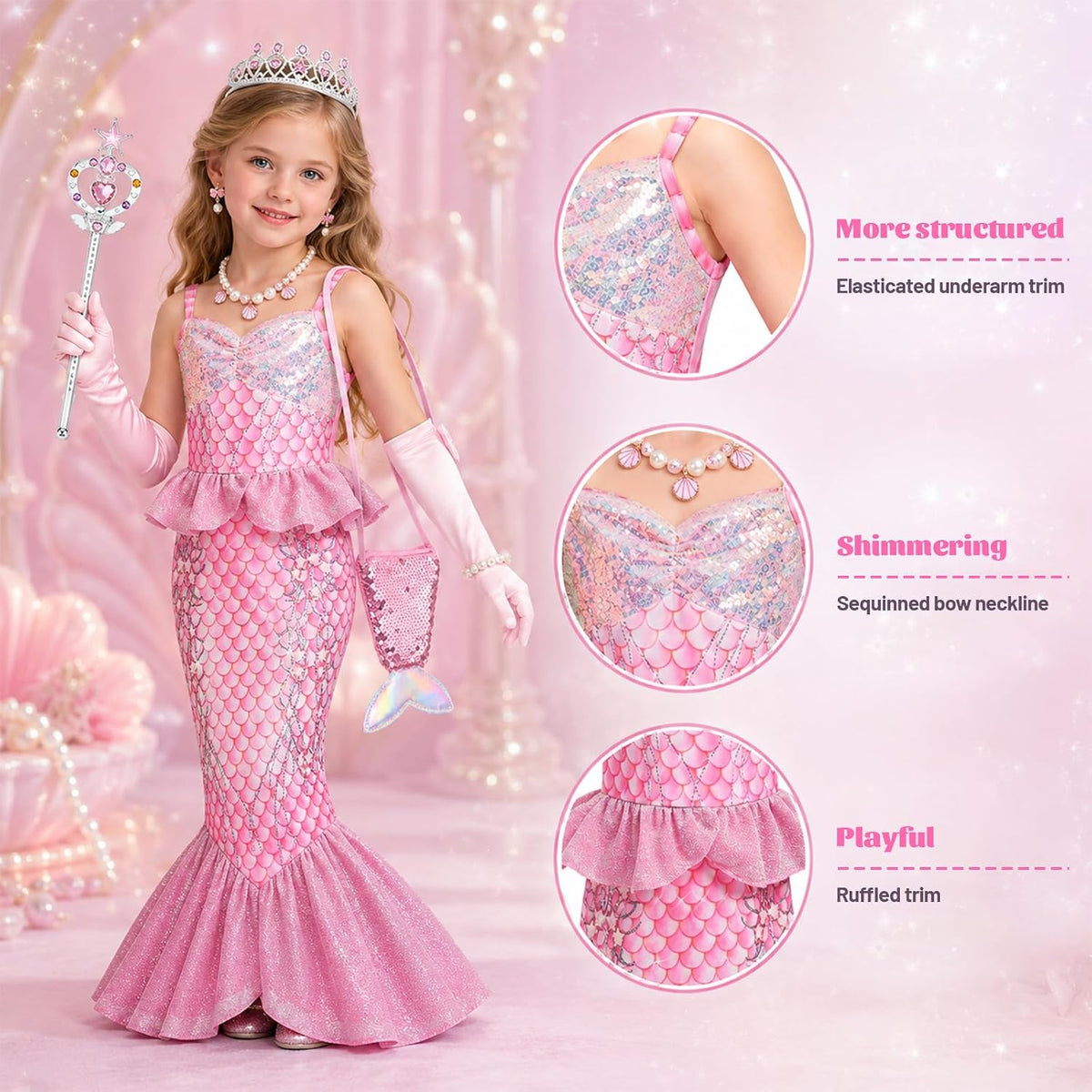 10Pcs Little Mermaid Dress‑Up Costume for Girls, Sparkly Mermaid Tail Dress with Mini Purse Jewelries Face Stickers Crown Wand & Gloves Princess Outfit Birthday & Halloween Cosplay Gift for Kids 3‑12