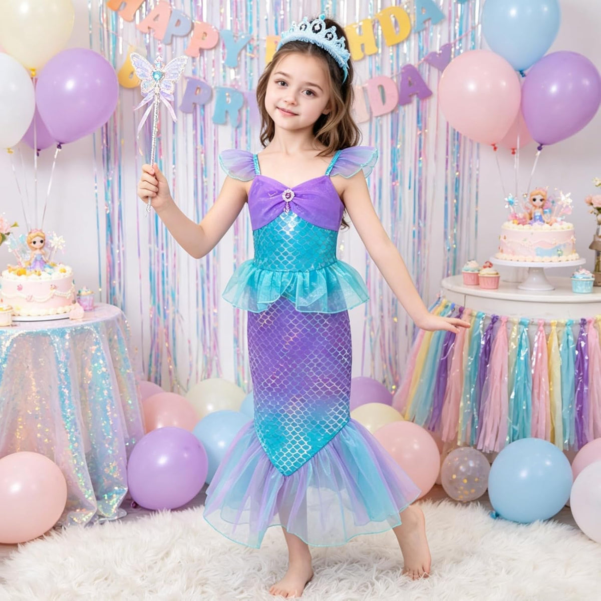 Mermaid Dress, Mermaid Tail Costume Little Girls Princess Dress up with Crown for Girl 3-8 Gift