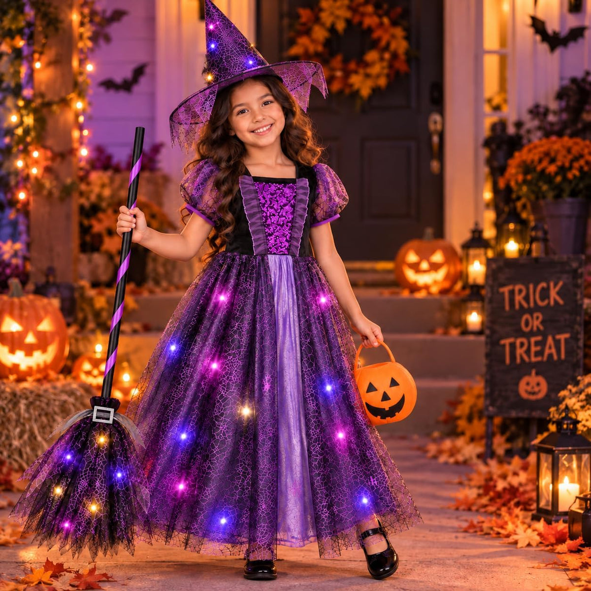 Meland Witch Costume for Girls, Light up Halloween Costumes Aged 3-10