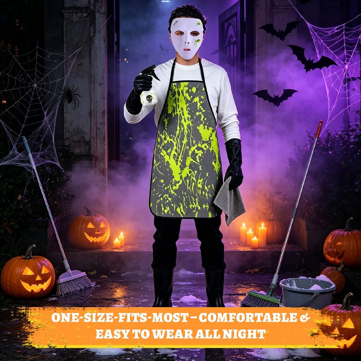 Adult Halloween Horror Cleaner Cosplay Costume Kit, Scary White Full‑Face Mask with Splatter Print Apron, Gloves, Prop Spray Bottle and Cleaning Rag, Themed Party Dress‑up Accessories Set for Men