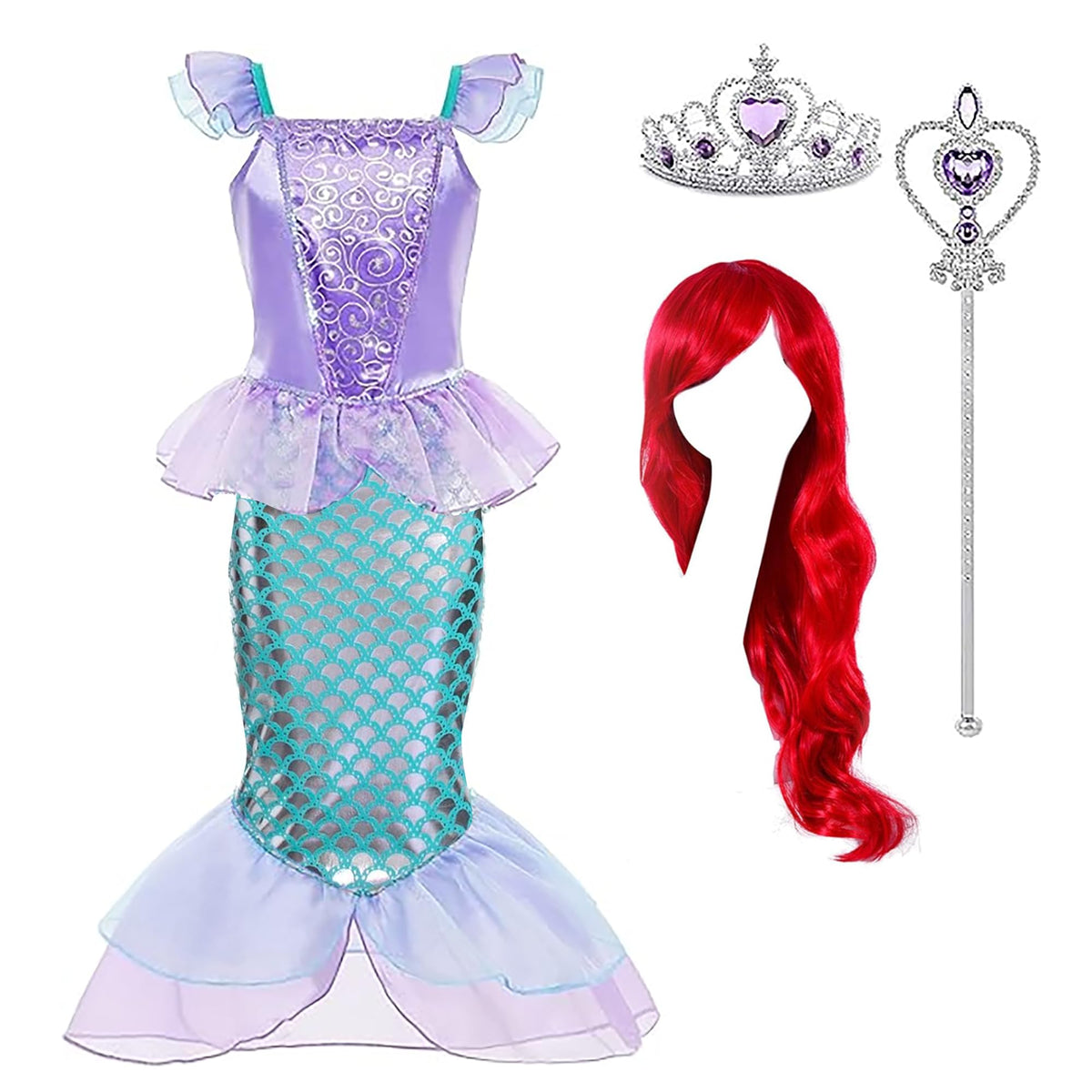 Mermaid Dress for Girls with Red Wig, Mermaid Tail Dress Up for Age 3-8