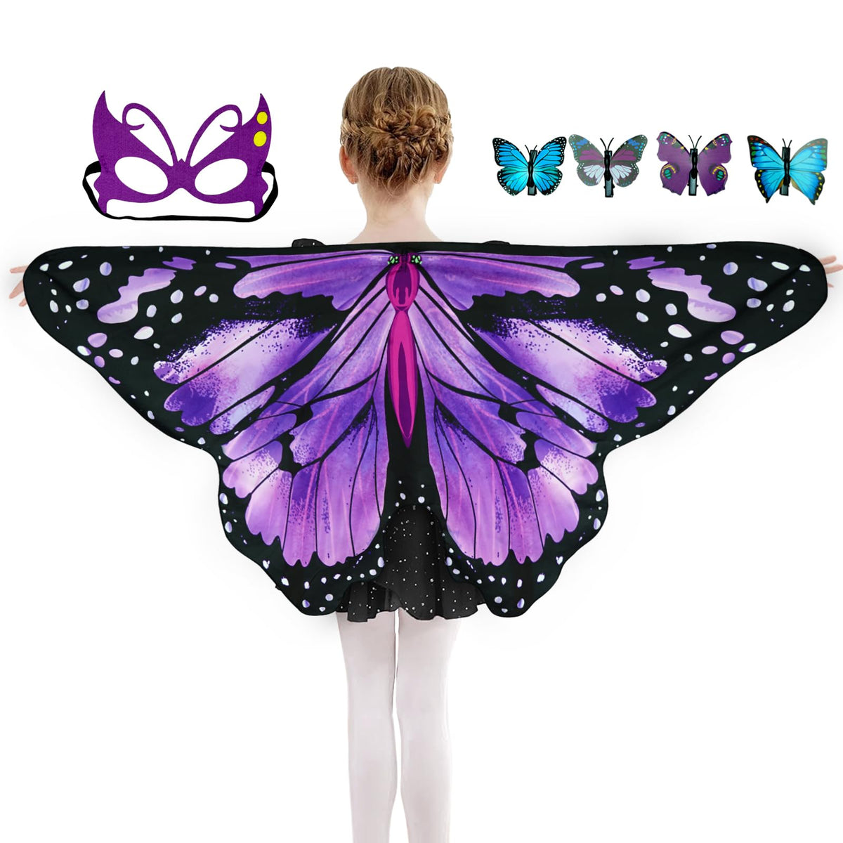 Sunlisky Kids Butterfly Costume for Girls Butterfly Wings Cape Set with Mask Hair Clips Halloween Cosplay Dress Up 4 to 9