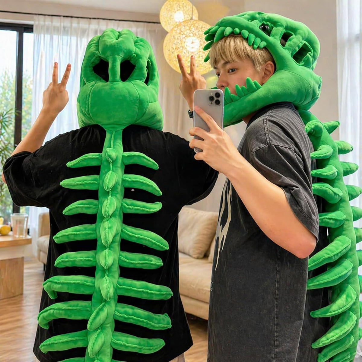 Dinosaur Skeleton Costume, 3D Spinosaurus Skull Mask with Plush Spine Tail for Halloween Cosplay and Party Dress Up