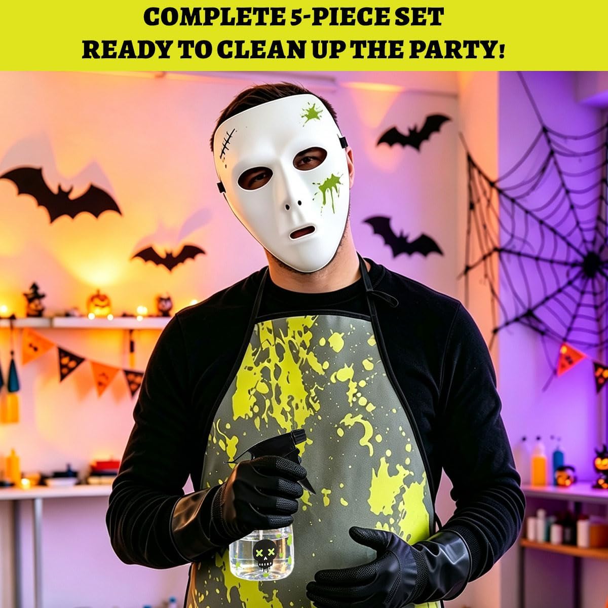 Adult Halloween Horror Cleaner Cosplay Costume Kit, Scary White Full‑Face Mask with Splatter Print Apron, Gloves, Prop Spray Bottle and Cleaning Rag, Themed Party Dress‑up Accessories Set for Men