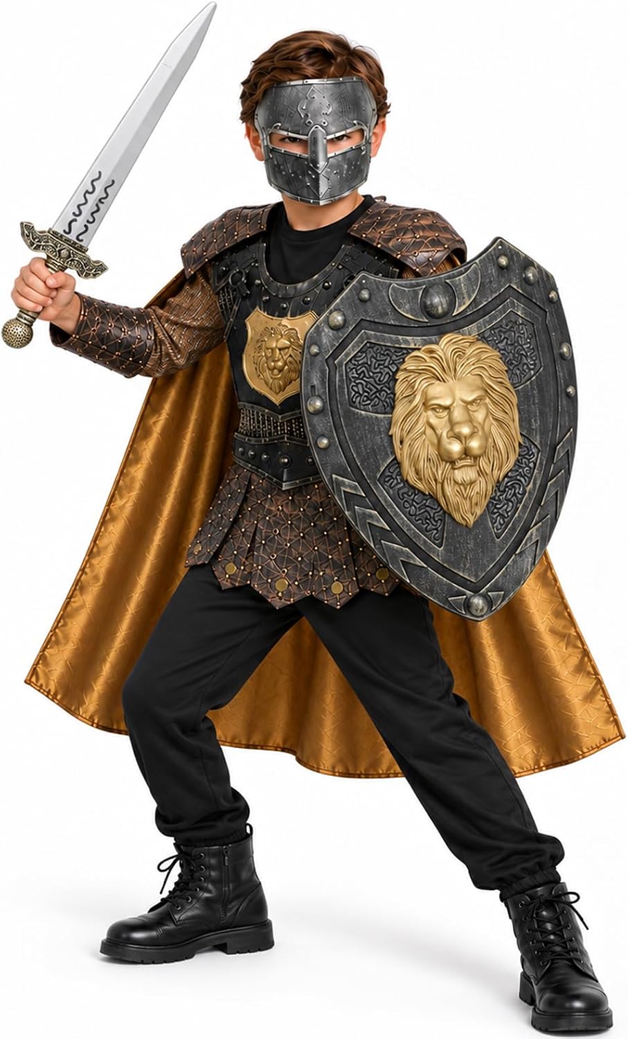 Kids Boys Knight Costume Cosplay, Gladiator Medieval Outfits with Roman Soldier Mask shield, Halloween Party Dress Up
