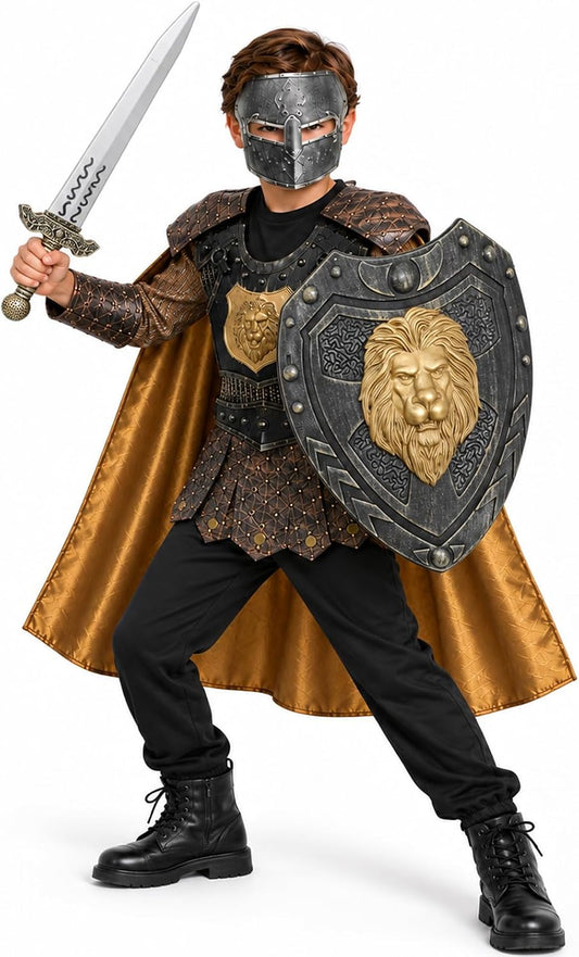Kids Boys Knight Costume Cosplay, Gladiator Medieval Outfits with Roman Soldier Mask shield, Halloween Party Dress Up