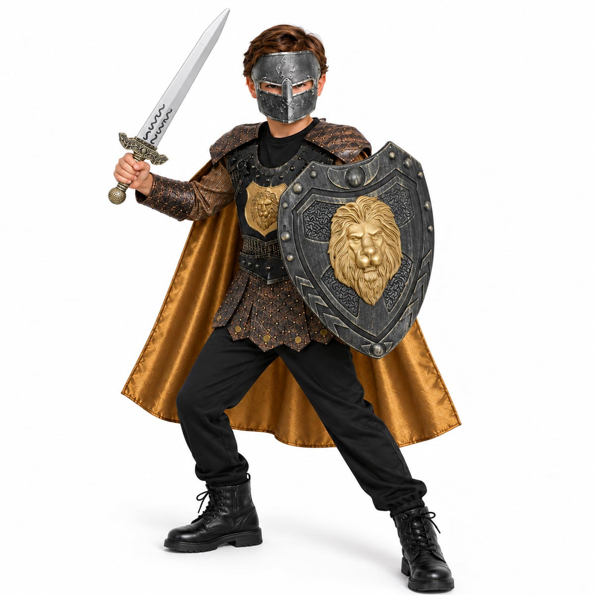 Kids Boys Knight Costume Cosplay, Gladiator Medieval Outfits with Roman Soldier Mask shield, Halloween Party Dress Up