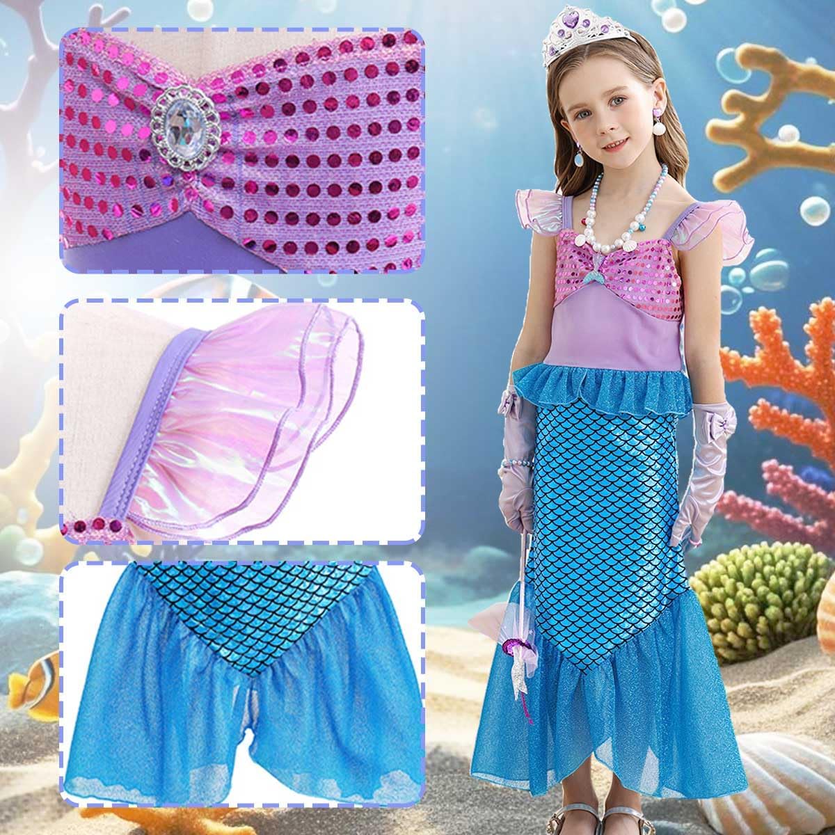 Girls Mermaid Costume Kids Sequins Dress
