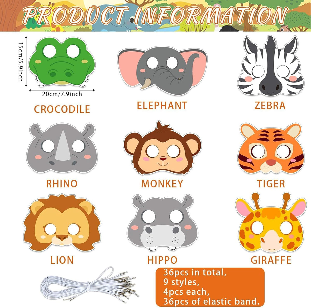 36Sets Animal Mask Crafts for Kids, Jungle Safari Birthday Party Decor