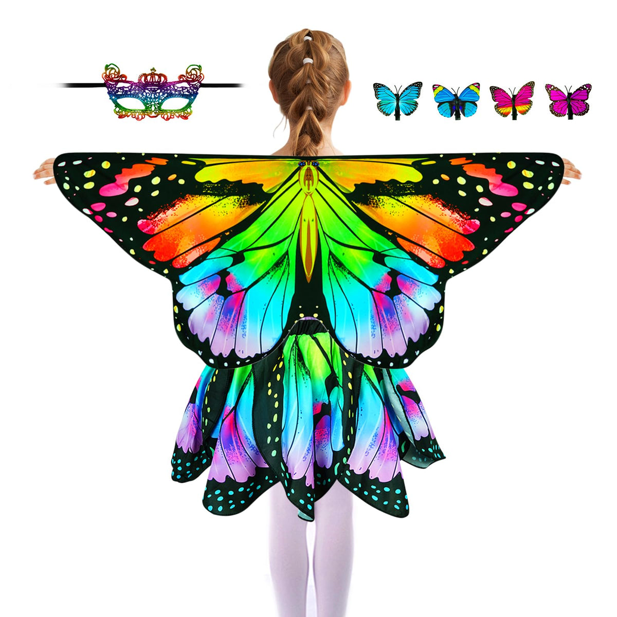 Sunlisky Kids Butterfly Costume for Girls Butterfly Wings Cape Set with Mask Hair Clips Halloween Cosplay Dress Up 4 to 9