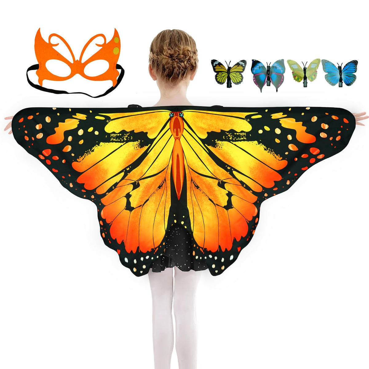 Sunlisky Kids Butterfly Costume for Girls Butterfly Wings Cape Set with Mask Hair Clips Halloween Cosplay Dress Up 4 to 9