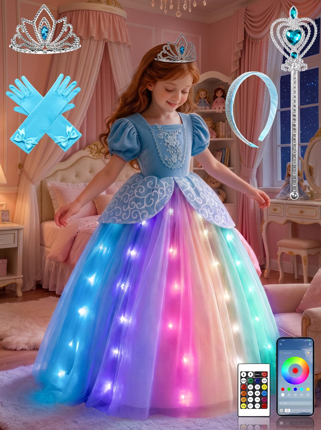 3-9 Year Light Up Princess Costume with Music Sync＆App Control for Birthday