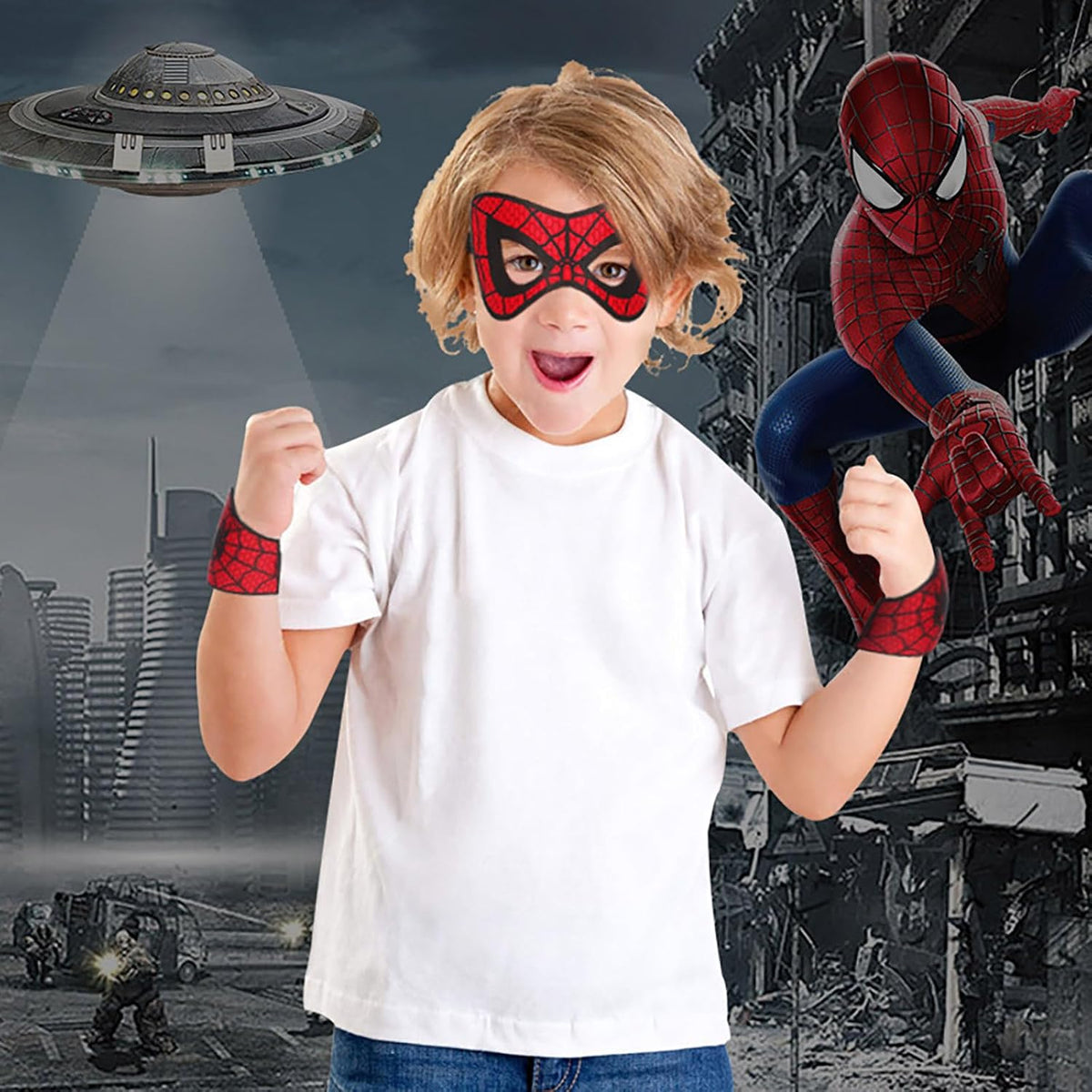 PPER-Jie Spider Mask for Kids Halloween Spider Costume Masks with Wristbands for Boys Party Cosplay, Medium, Red & Black