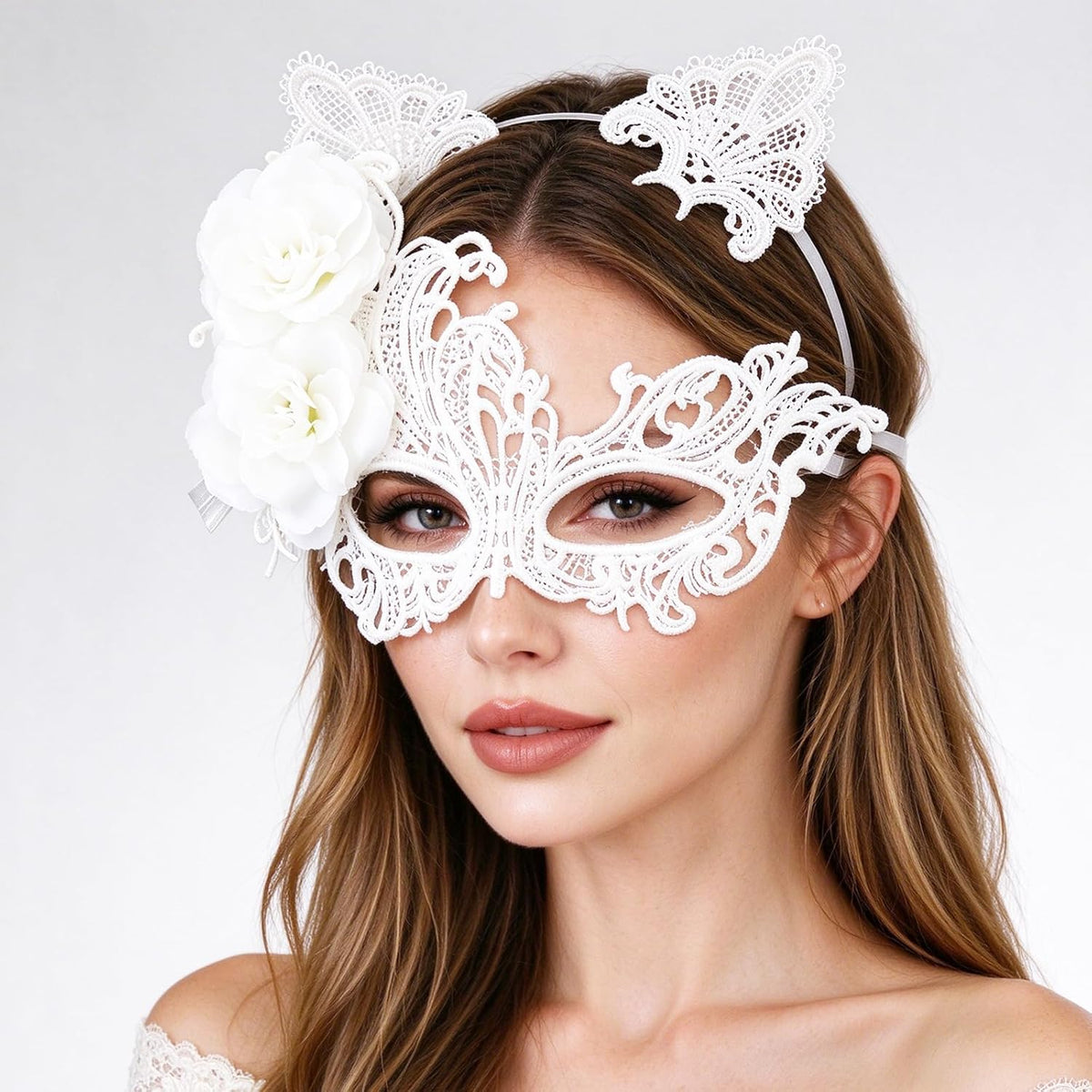 coadipress Lace Masquerade Mask Cat Ear Headband Flower Earrings for Women