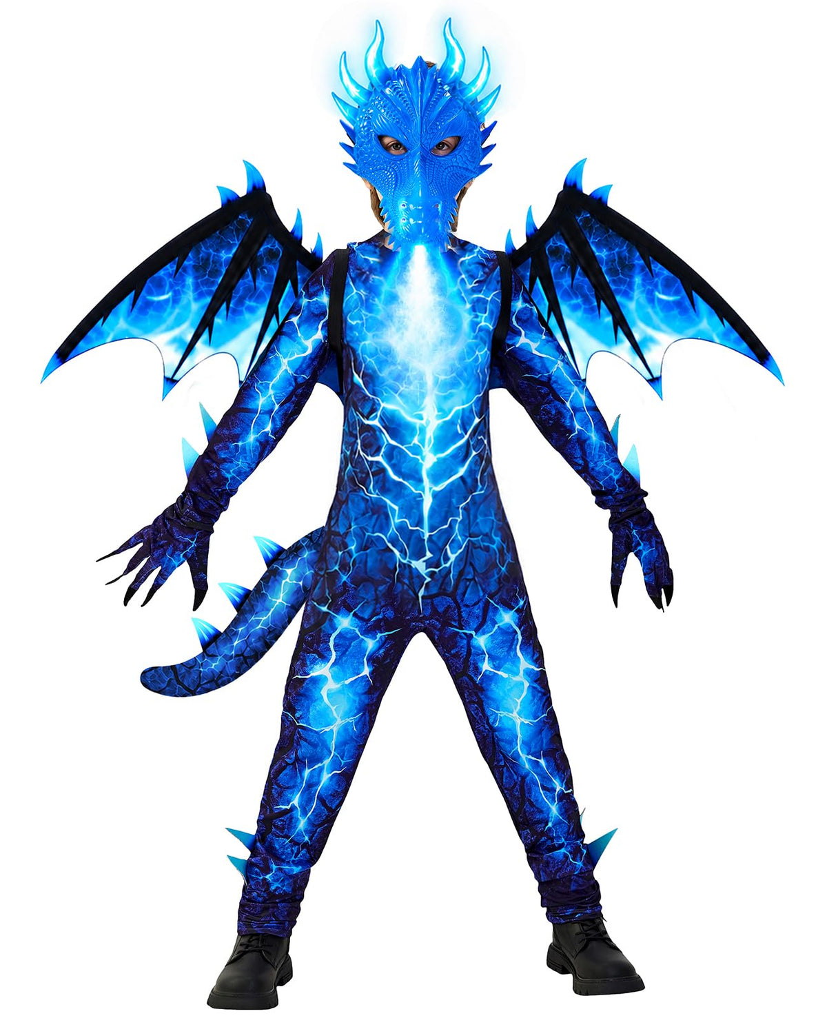 Kids Dragon Costume Boys with Wings Tail Glowing Mask for Halloween