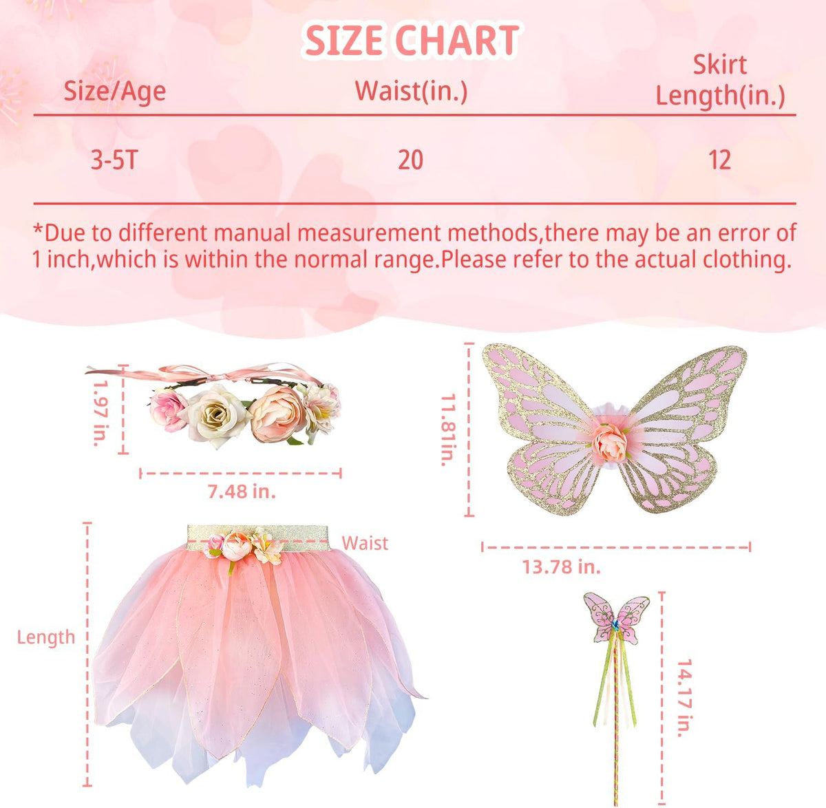 DJDLPARTY Girls Fairy Costume Set with Butterfly Wings Tutu Wand and Halo Headban