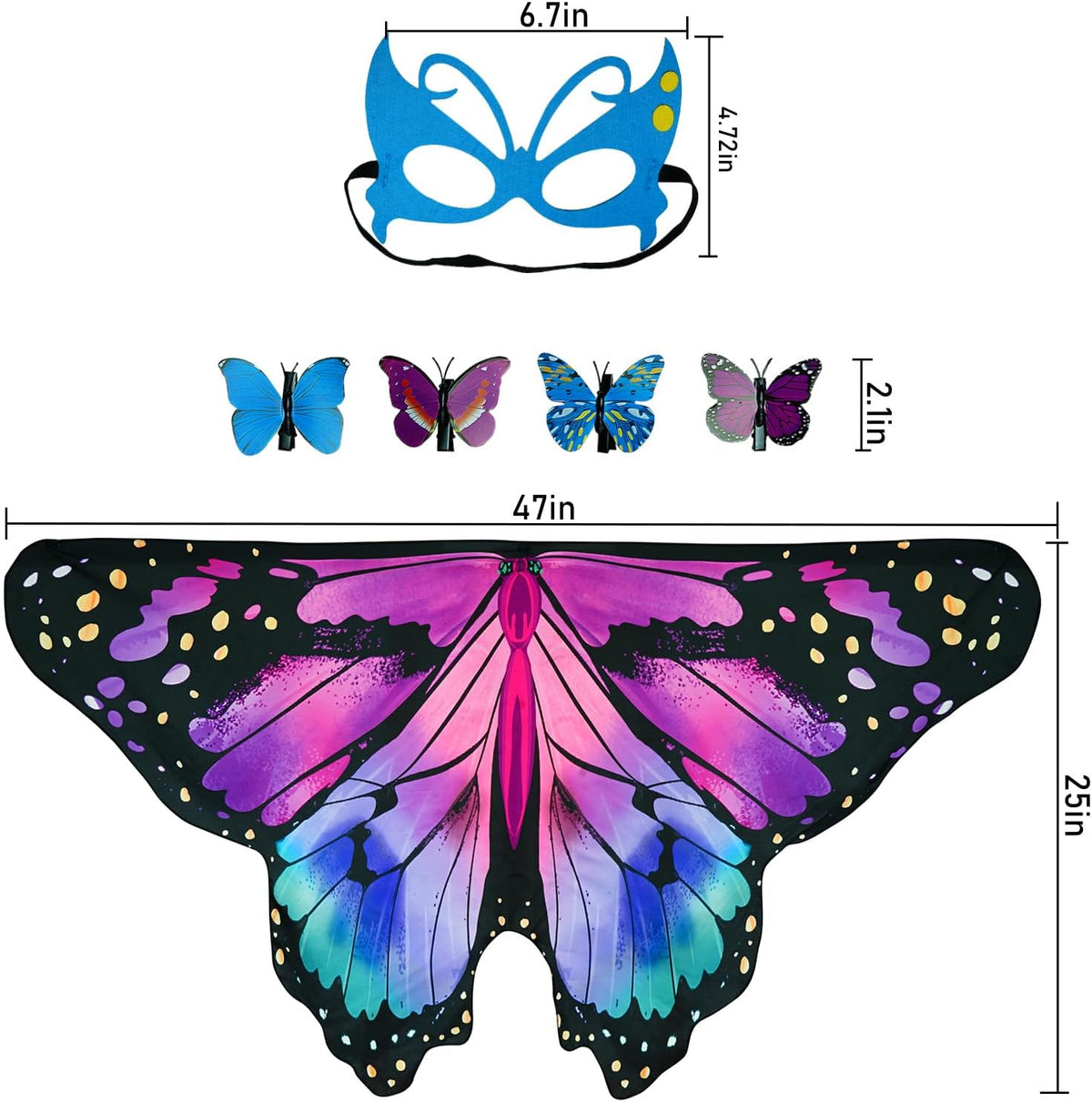 Sunlisky Kids Butterfly Costume for Girls Butterfly Wings Cape Set with Mask Hair Clips Halloween Cosplay Dress Up 4 to 9