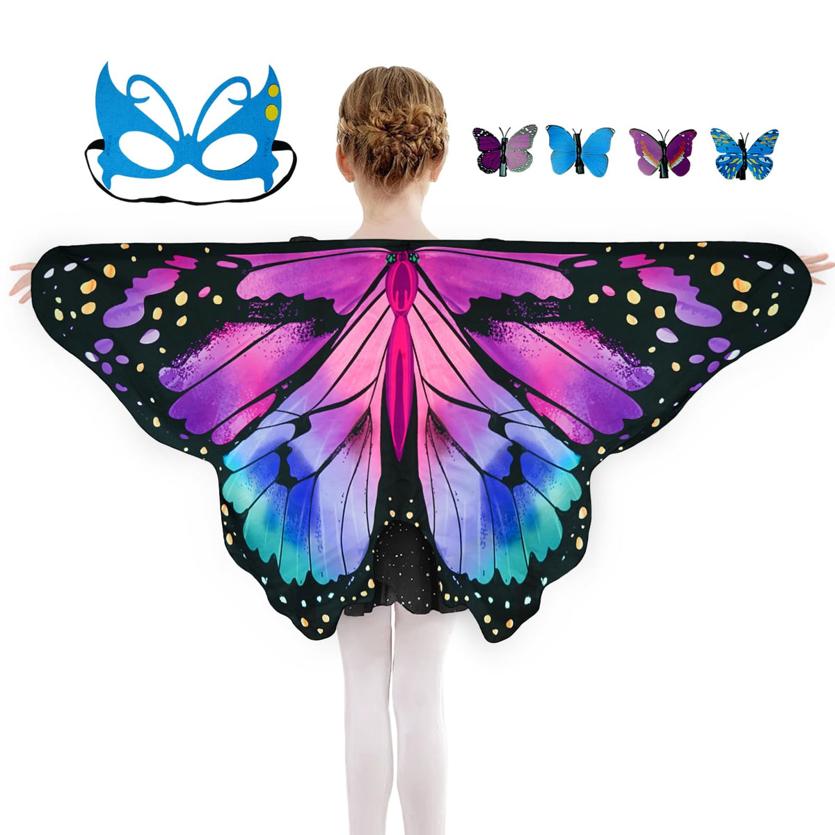 Sunlisky Kids Butterfly Costume for Girls Butterfly Wings Cape Set with Mask Hair Clips Halloween Cosplay Dress Up 4 to 9