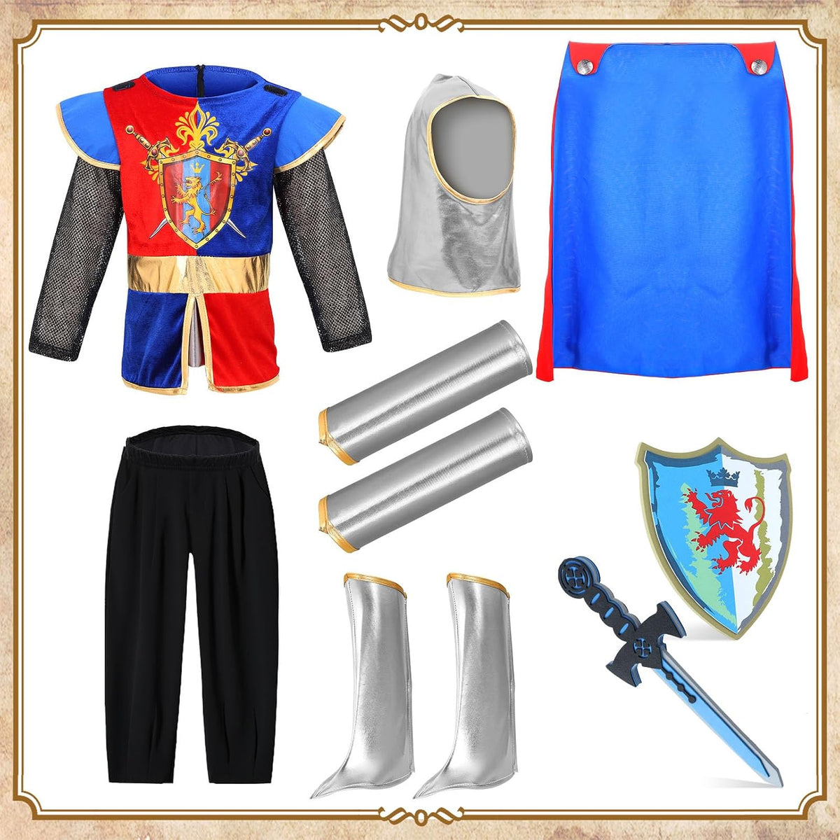 G.C Kids Knight Costume Toddler Boy Dress Up Clothes Medieval Costumes with Cape Toys Accessories Halloween Cosplay Gifts