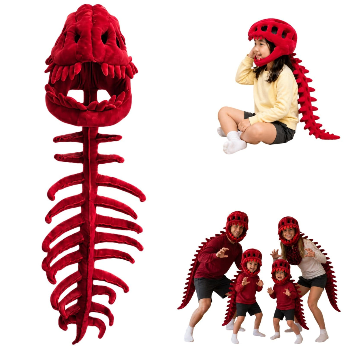 Dinosaur Skeleton Costume, 3D Spinosaurus Skull Mask with Plush Spine Tail for Halloween Cosplay and Party Dress Up