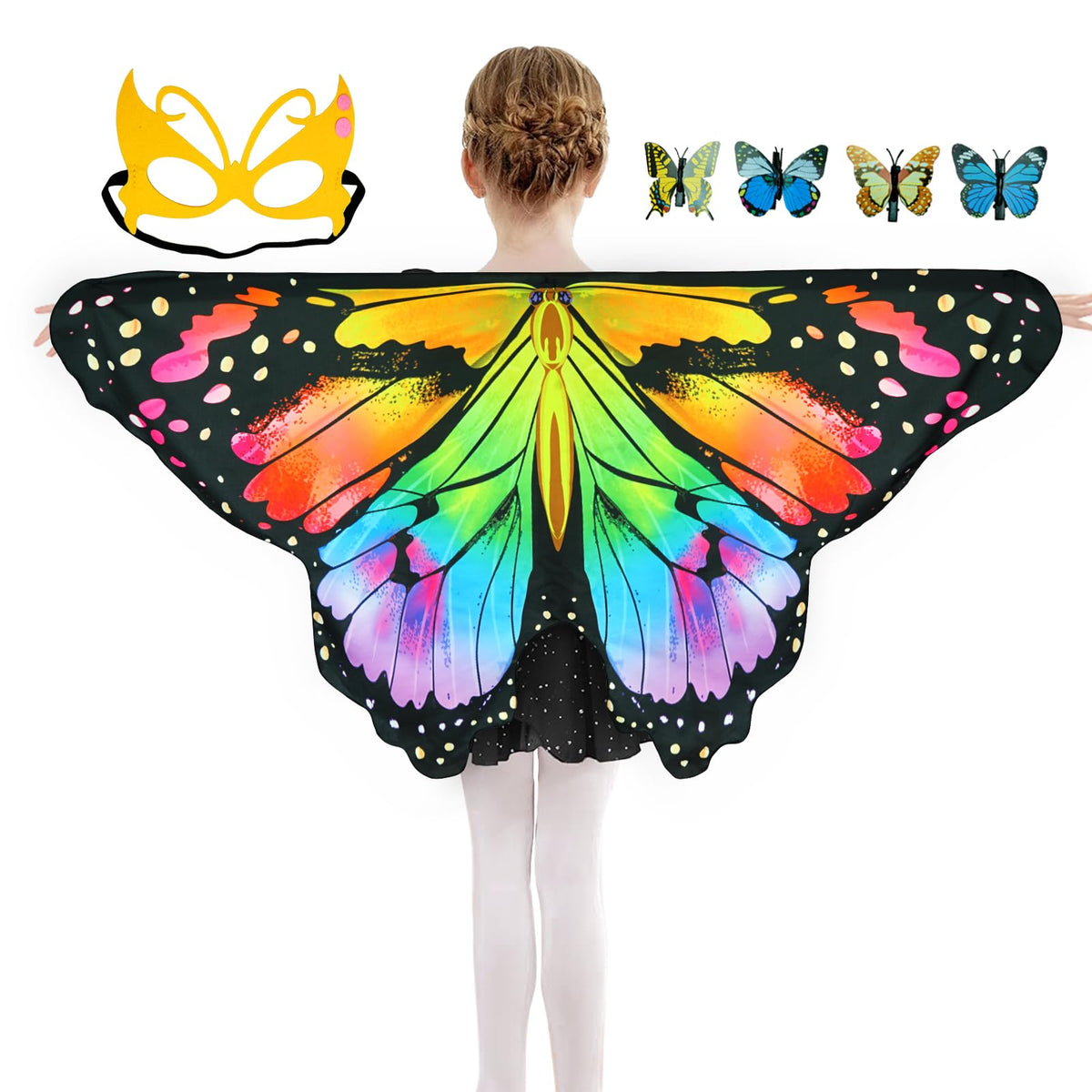 Sunlisky Kids Butterfly Costume for Girls Butterfly Wings Cape Set with Mask Hair Clips Halloween Cosplay Dress Up 4 to 9