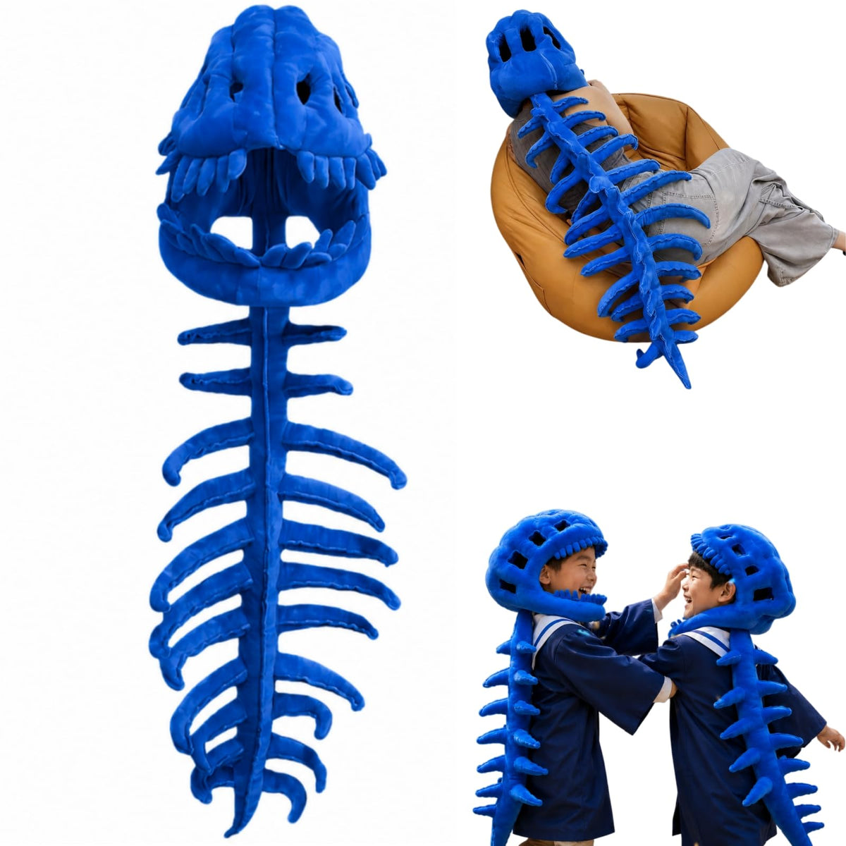 Dinosaur Skeleton Costume, 3D Spinosaurus Skull Mask with Plush Spine Tail for Halloween Cosplay and Party Dress Up