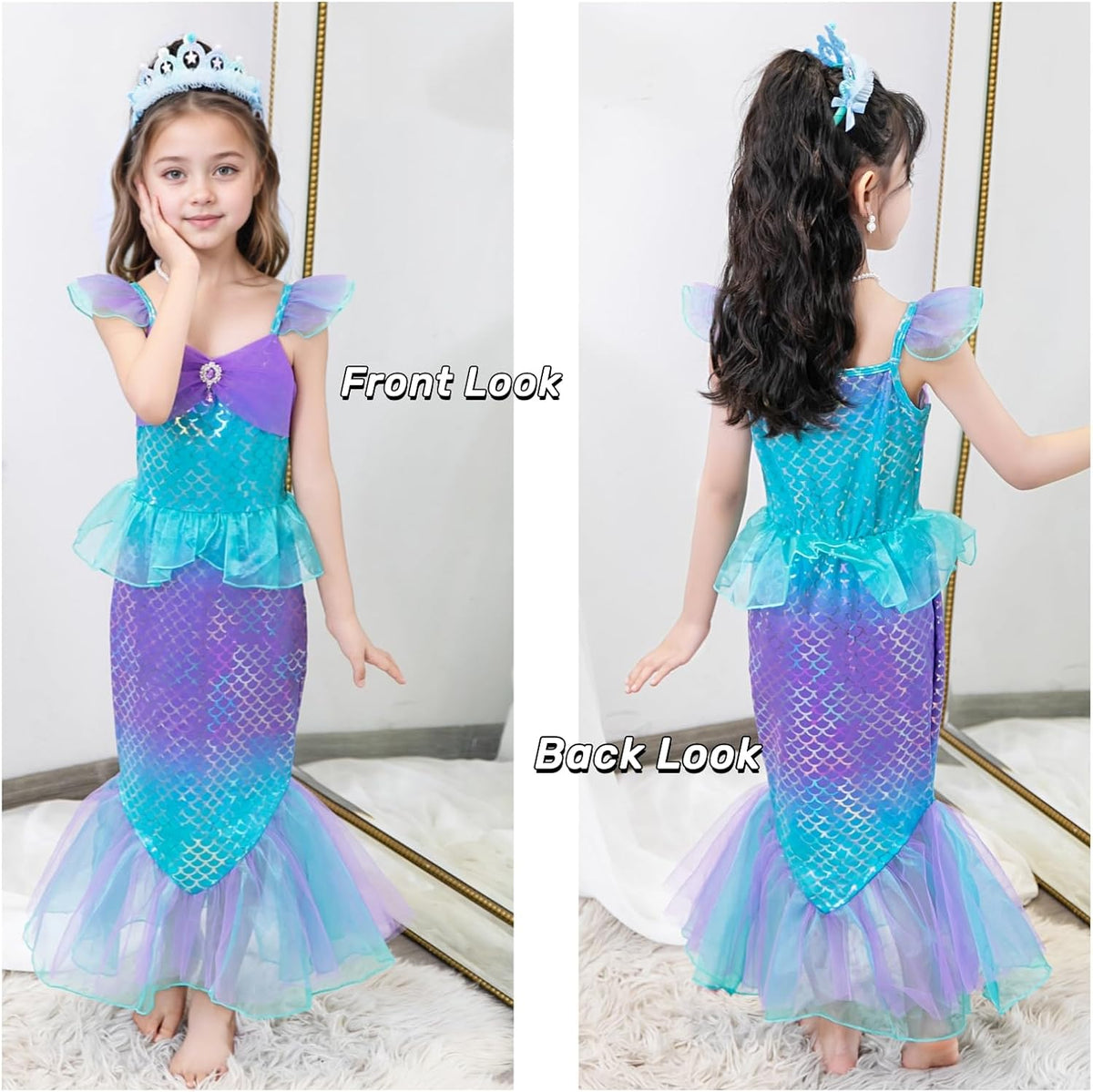 Mermaid Dress, Mermaid Tail Costume Little Girls Princess Dress up with Crown for Girl 3-8 Gift