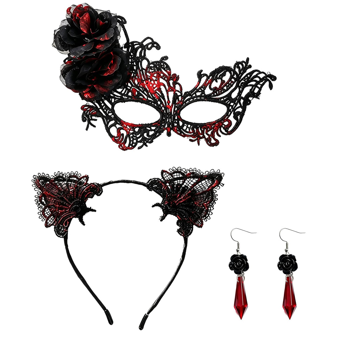 coadipress Lace Masquerade Mask Cat Ear Headband Flower Earrings for Women