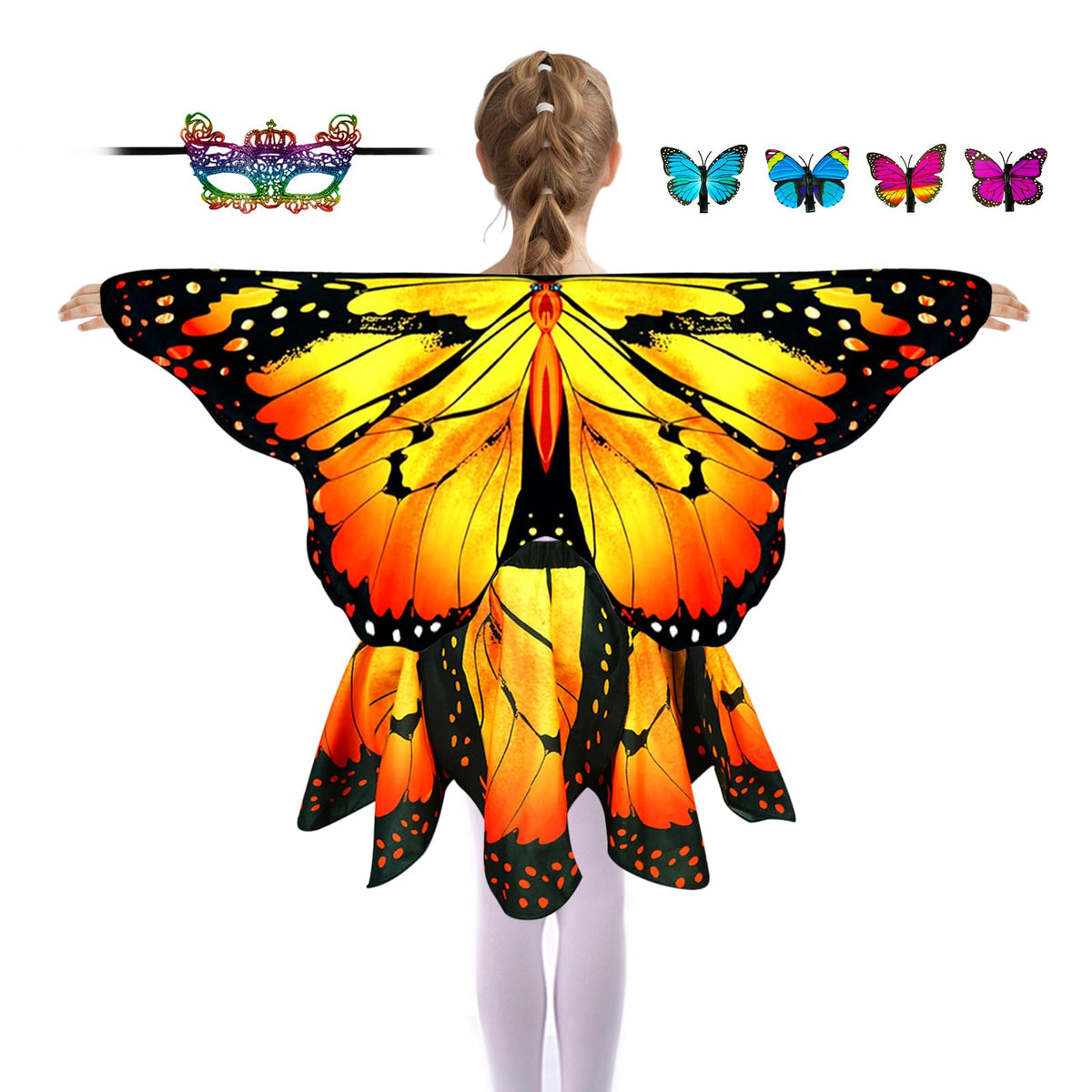 Sunlisky Kids Butterfly Costume for Girls Butterfly Wings Cape Set with Mask Hair Clips Halloween Cosplay Dress Up 4 to 9