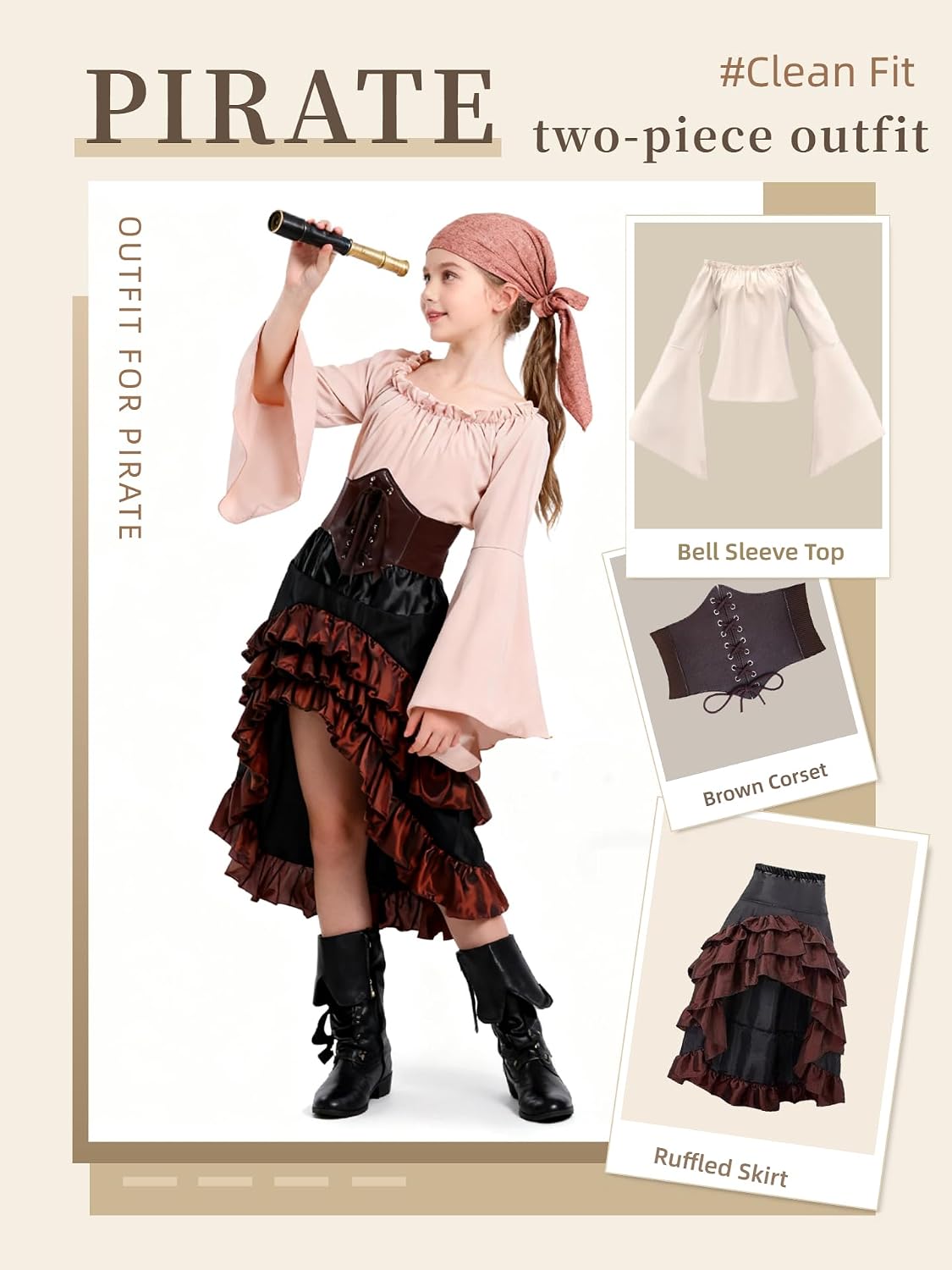 Verceco Kids Pirate Costumes Pirate Dress Up for Girl Fairy Medieval Renaissance Outfits for Girls Waist Belt & Headscarf