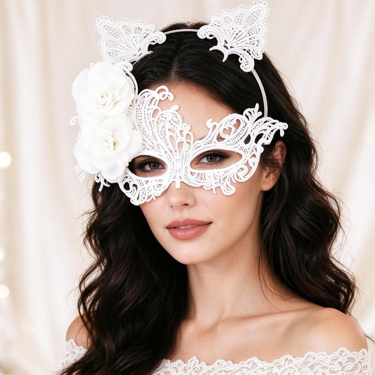 coadipress Lace Masquerade Mask Cat Ear Headband Flower Earrings for Women