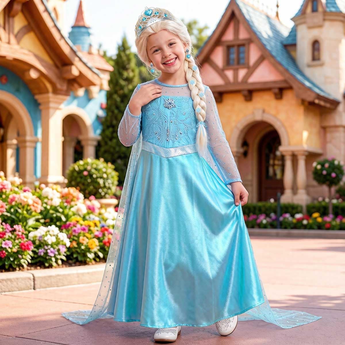 Princess Dress for Girls Kids Blue Costume with Cape