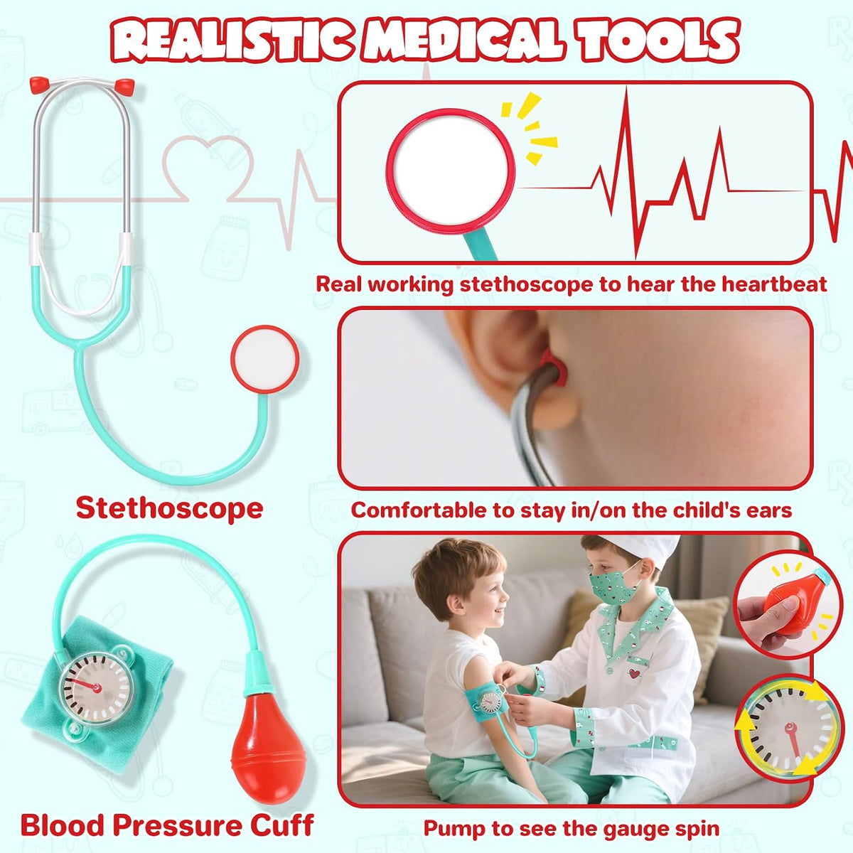 Lehoo Castle Doctor Costume for Kids, Doctor Dress Up and Play Set 8 PCS with Stethoscope, Role Play Costume for Toddlers 4-6