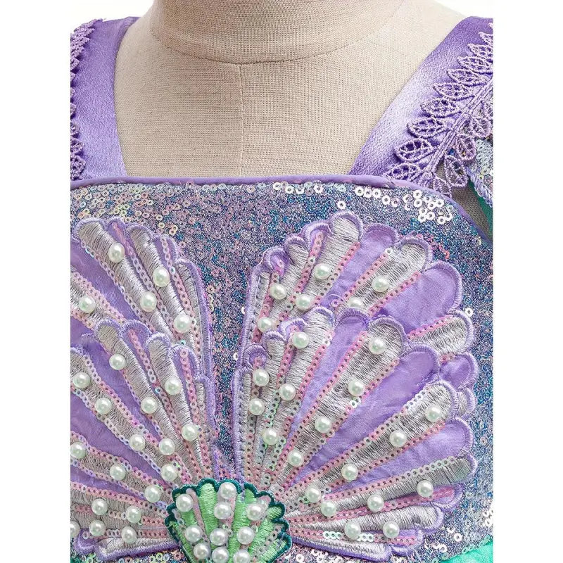 Mermaid Princess Dress Girls Halloween Birthday, Sequined Tulle Flared Skirt, Mermaid Theme Performance Costume, Classic Party Gown for Kids 4-10Y Knee-Length