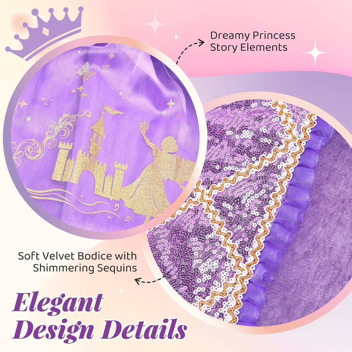 Meland Princess Dress Up Clothes for Girls 3-10, Purple Pretend Play Costume with Jewelry for Birthday Halloween Party Outfit