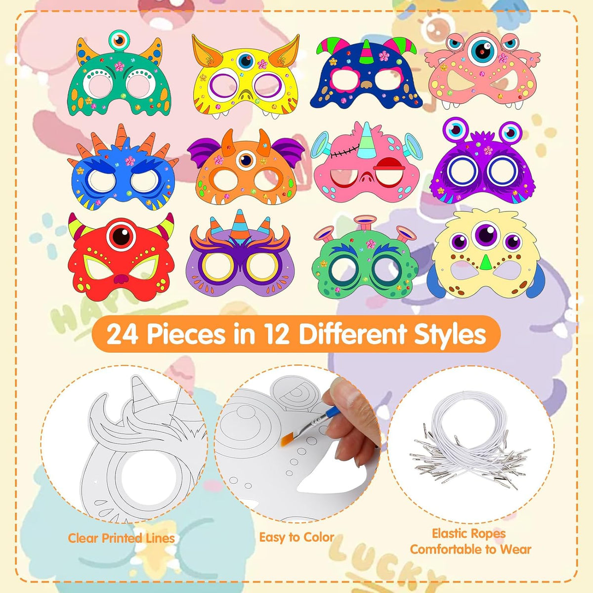 24 Pcs Halloween Monster Crafts for Kids DIY Coloring Masks School