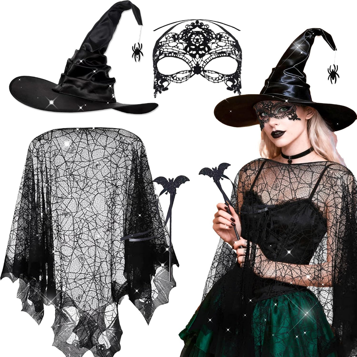 LaVenty Halloween Witch Dress Up Cobweb Cape Witch Magic Hat