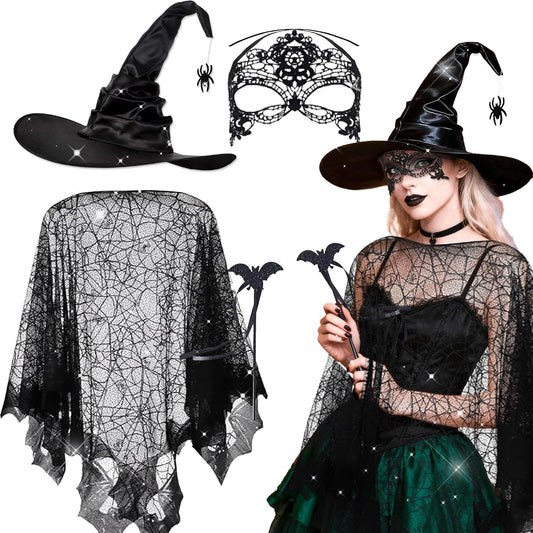 LaVenty Halloween Witch Dress Up Cobweb Cape Witch Magic Hat