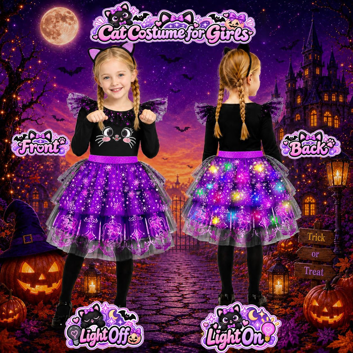 Cat Costume for Girls, Light Up Halloween Costumes for Kids 3-8