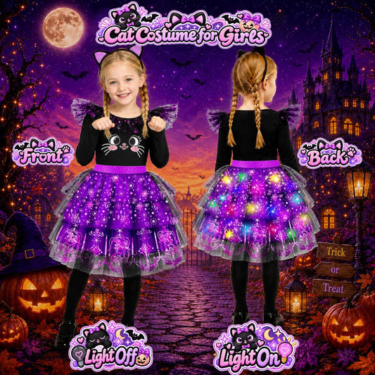 Cat Costume for Girls, Light Up Halloween Costumes for Kids 3-8