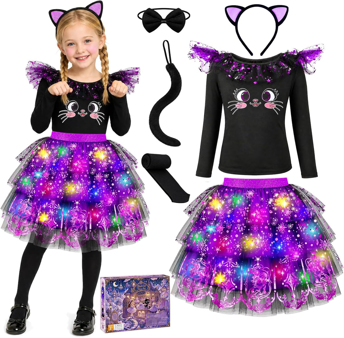 Cat Costume for Girls, Light Up Halloween Costumes for Kids 3-8
