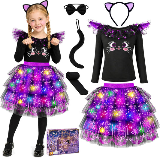Cat Costume for Girls, Light Up Halloween Costumes for Kids 3-8