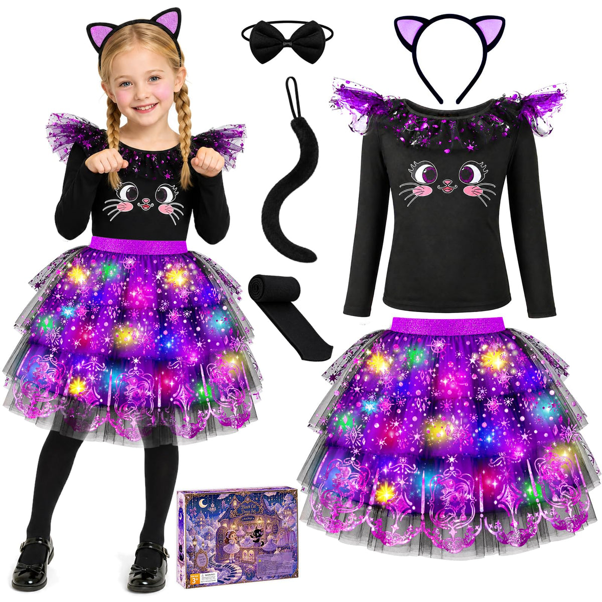 Cat Costume for Girls, Light Up Halloween Costumes for Kids 3-8