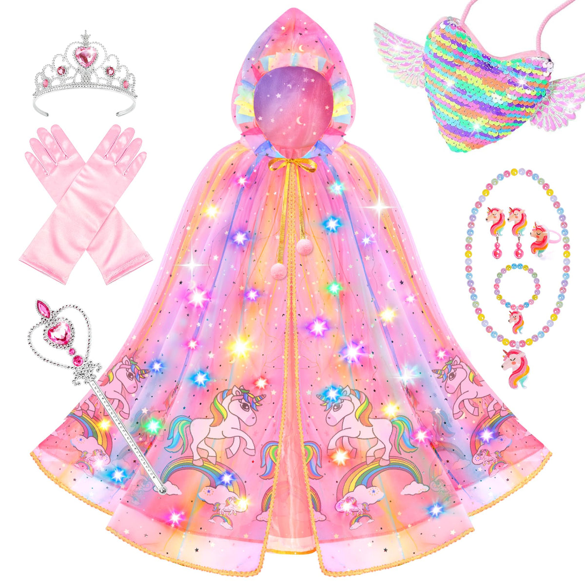 Princess Dress up for Girls 4-6, Light up Unicorn Princess Cape with Crown