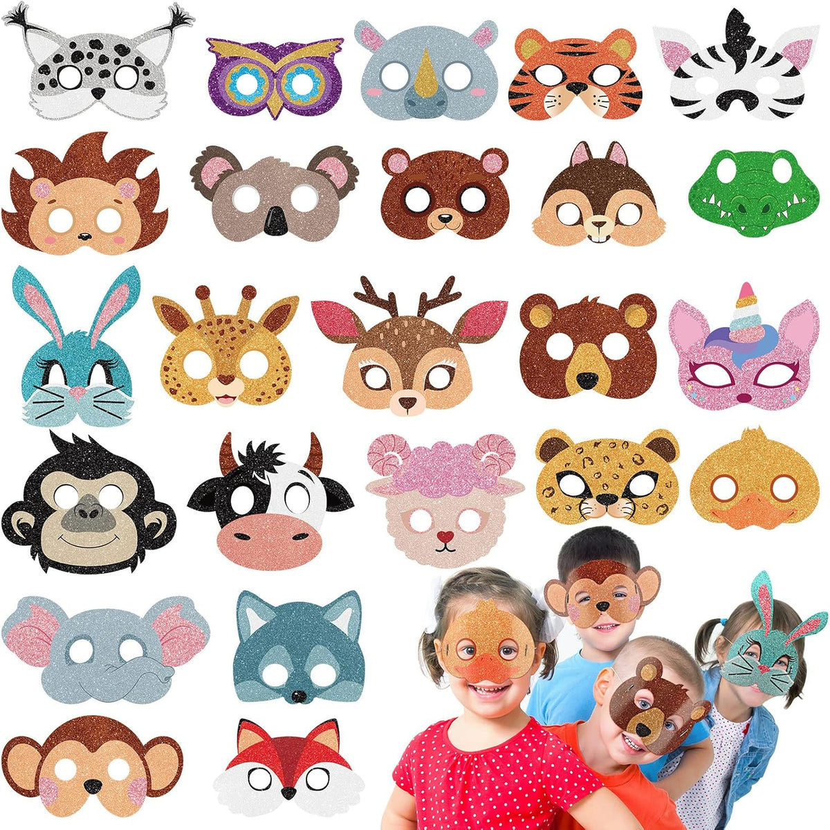 48 Pcs Safari Jungle Animal Masks Wild for Kids Animal Theme Birthday Party Favors Costumes Dress up Party Supplies 24 Designs Masks