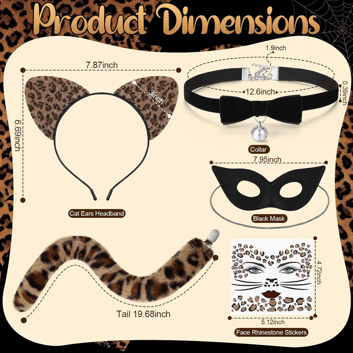 5 Pcs Cheetah Costume Set, Leopard Ears and Tail Bow Tie Black Cat Mask Leopard Face Stickers Leopard Costume Accessories for Women Halloween Cosplay Dress Up